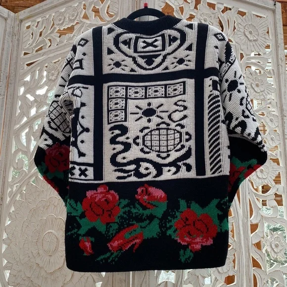 Funky 1980s vintage floral knit sweater with a colorful eclectic pattern-Medium - Picture 12 of 12